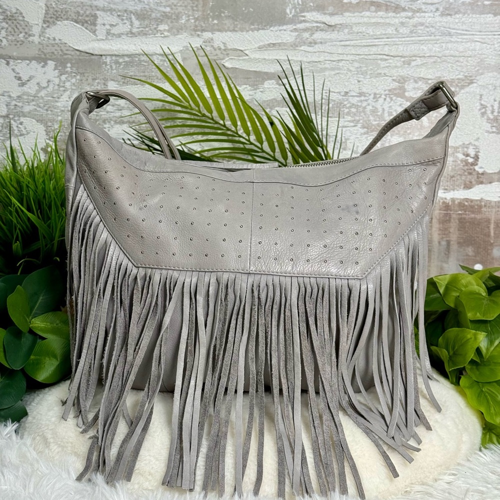 Day & Mood Genuine Leather Fringe Bag Boho Crossbody Gray Studded